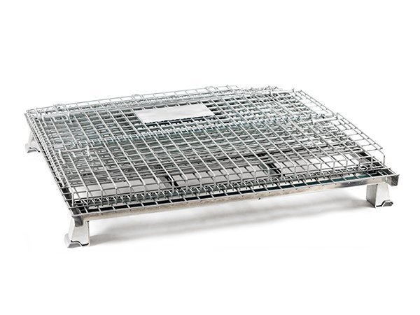 Folded collapsible wire mesh containers stacked compactly