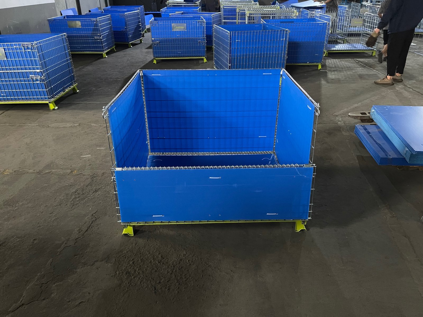 Lined wire container with front half-drop panel open — front access view