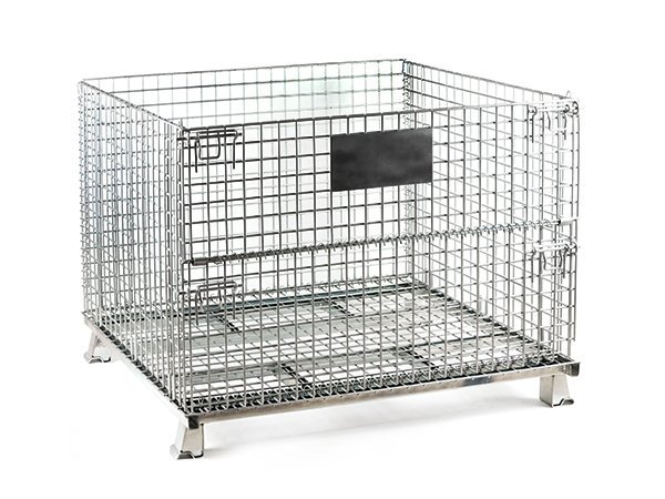 Collapsible wire mesh container showing tall sidewall structure